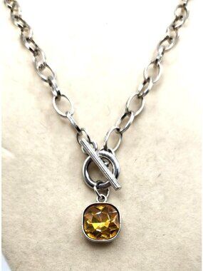 SilverTone  Link Toggle Necklace With Yellow Crystal Pendant